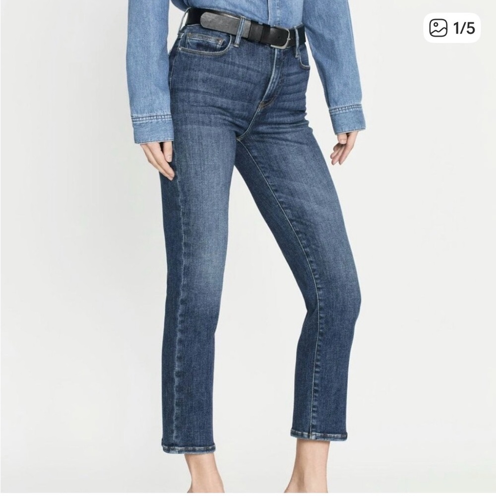 Frame Denim Cropped High-Rise Straight Jeans in Dark Blue